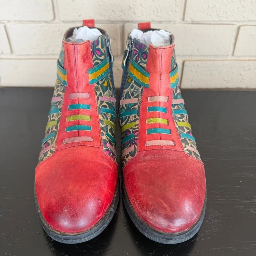 Socofy Leather Art To Wear Boho Floral Ankle Boots Hippie Artisan EU 40 US 9